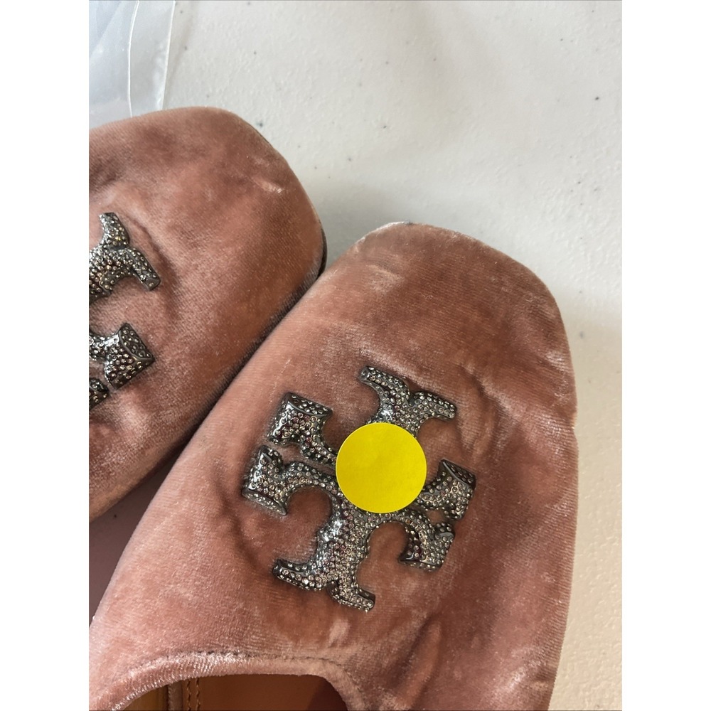 Tory Burch Eleanor crushed velvet Ballet Flat Pink crystal Logo Womens Size 11 - Picture 15 of 15